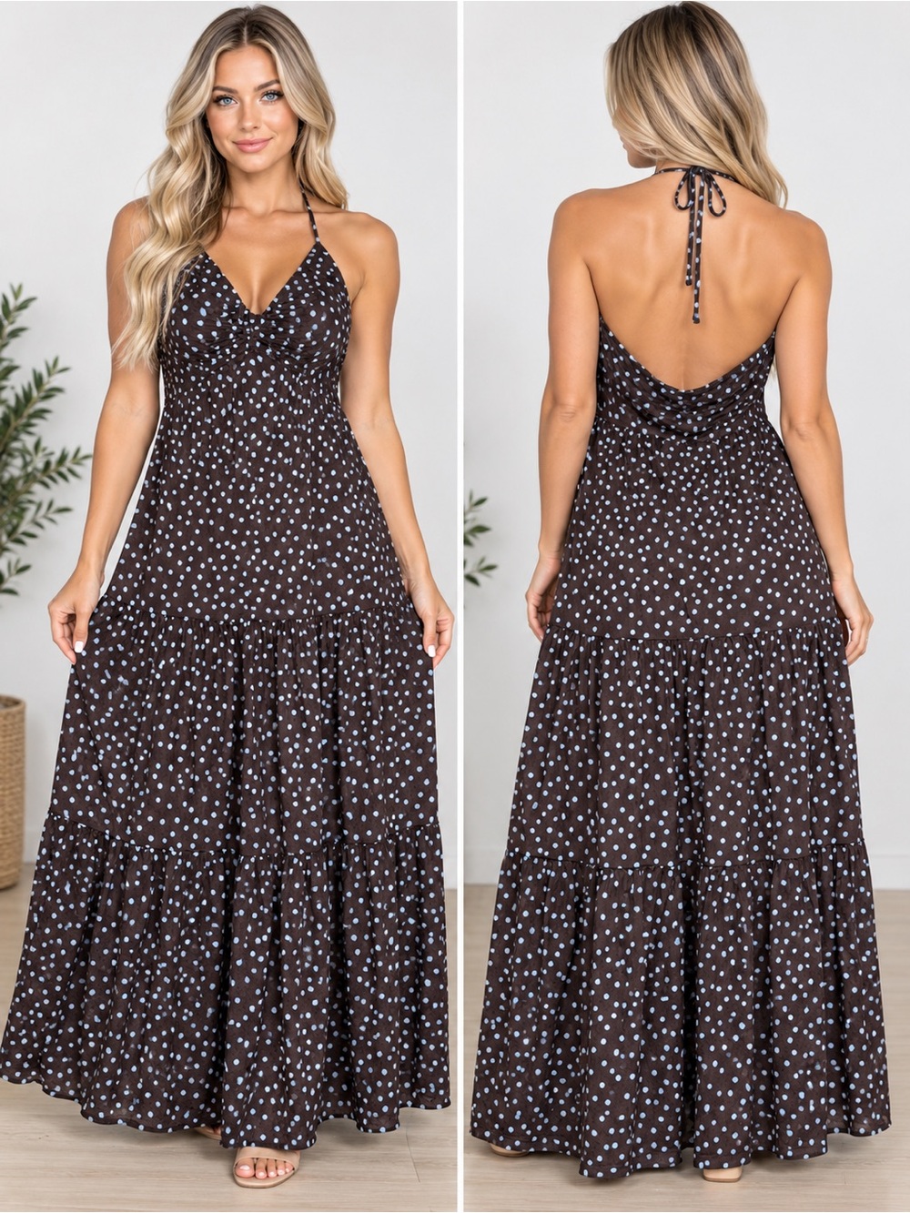 Target 🎯 wild fable Brown Polka Dot Halter Tiered Maxi Dress with White Spots
